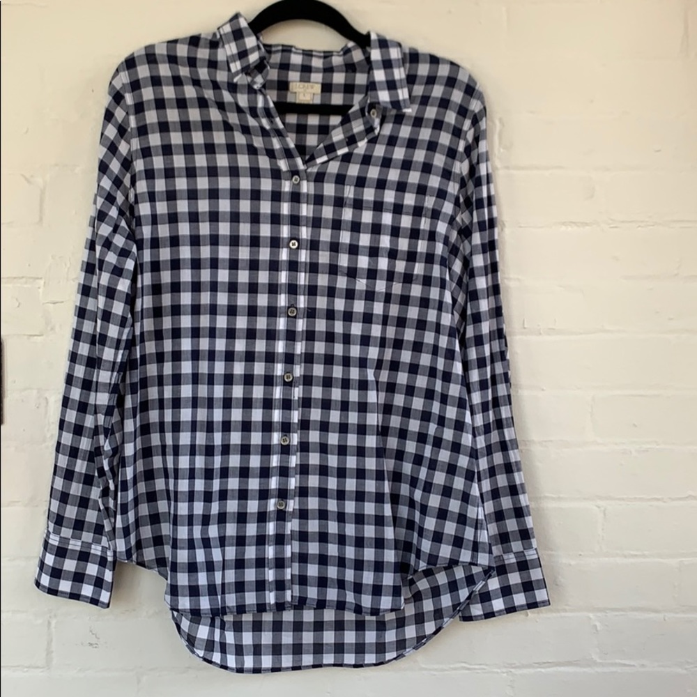 Navy blue and white checkered button up blouse